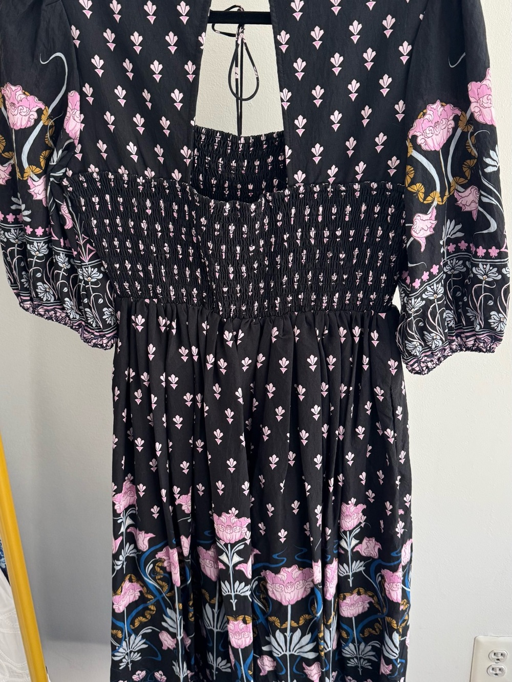 Anthropologie Black Floral Smocked Midi Dress with Pink & Blue Accents - Picture 4 of 5